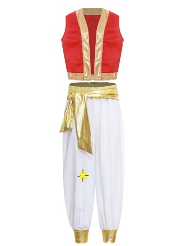 TTAO Kinder Jungen Arabischer Prinz Verkleidung Weste Aladinhose Set Wüsten Dieb Orient Rollenspiel Outfit für Halloween Karneval Fasching Party Rot 122-128 von TTAO