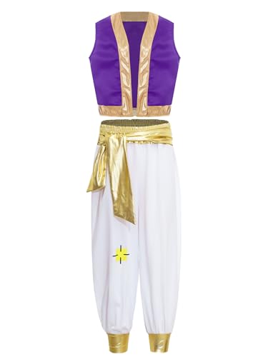 TTAO Kinder Jungen Arabischer Prinz Verkleidung Weste Aladinhose Set Wüsten Dieb Orient Rollenspiel Outfit für Halloween Karneval Fasching Party Violett 170 von TTAO