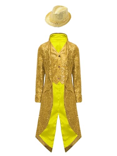 TTAO Kinder Jungen Jacke Pailletten Frack Jacke Mit Hut Festlich Mittelalterlicher Smoking Blazer Mantel Karneval Fasching Mottoparty Performance Gold 110-116 von TTAO