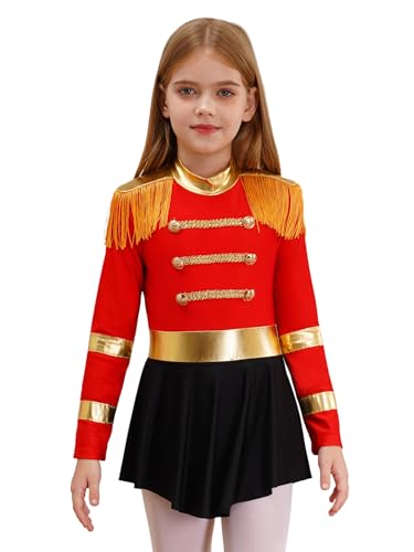 TTAO Kinder Mädchen Zirkus Kostüm Outfit Langarm Tanzkleid Tanztrikot mit Rock Kinder Halloween Fasching Party Performance Bühnenkostüm Rot 122-128 von TTAO