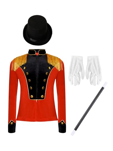 TTAO Kinder Zirkus Kostüm set Langarm Ringmaster Jacke mit Hut Zubehör Uniform Halloween Party Karneval Weihnachten Kostüm rot schwarz 122-128 von TTAO