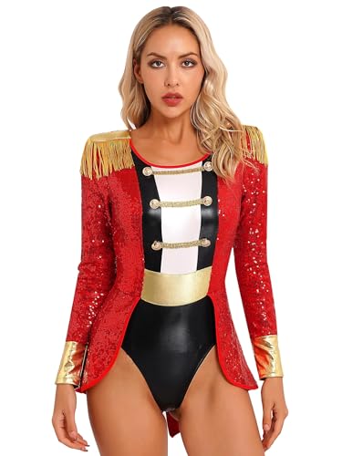 TTAO Kostüm Zirkusdirektorin Kleid für Damen Langarm/Ärmellos Body mit Quasten Minikleid für Karneval Party Cosplay Verkleidung Faschingskostüm Rot B 3XL von TTAO