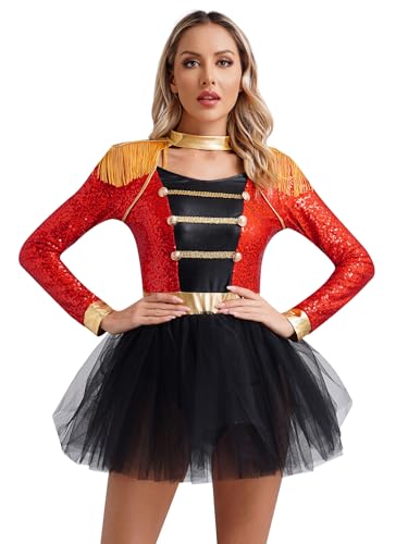 TTAO Kostüm Zirkusdirektorin Kleid für Damen Langarm/Ärmellos Body mit Quasten Minikleid für Karneval Party Cosplay Verkleidung Faschingskostüm Rot J M von TTAO