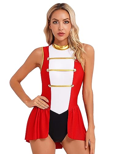 TTAO Kostüm Zirkusdirektorin Kleid für Damen Langarm/Ärmellos Body mit Quasten Minikleid für Karneval Party Cosplay Verkleidung Faschingskostüm Rot M von TTAO