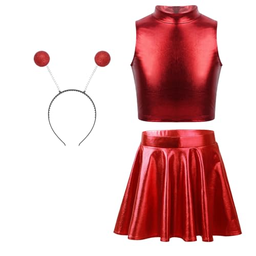 TTAO Mädchen Alien Kostüm Metallisch Tanzbekleidung Set Crop Top+ Glänzend Pleated Rock+ Alien Haarreif Halloween Tanz Kostüm Fasching Rave Party Rot 122-128 von TTAO