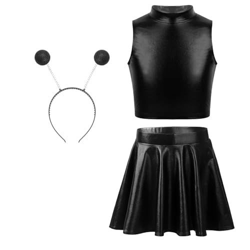 TTAO Mädchen Alien Kostüm Metallisch Tanzbekleidung Set Crop Top+ Glänzend Pleated Rock+ Alien Haarreif Halloween Tanz Kostüm Fasching Rave Party Schwarz 110-116 von TTAO