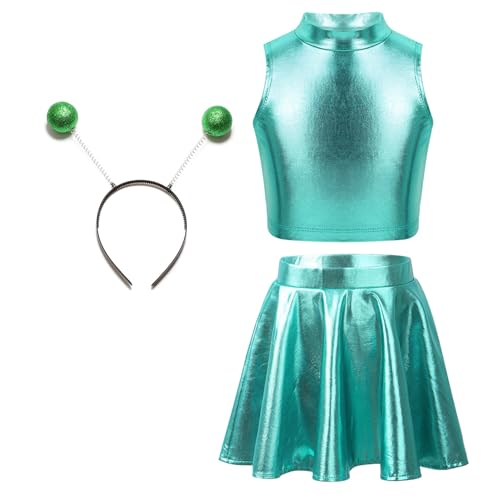 TTAO Mädchen Alien Kostüm Metallisch Tanzbekleidung Set Crop Top+ Glänzend Pleated Rock+ Alien Haarreif Halloween Tanz Kostüm Fasching Rave Party blauer See 146-152 von TTAO