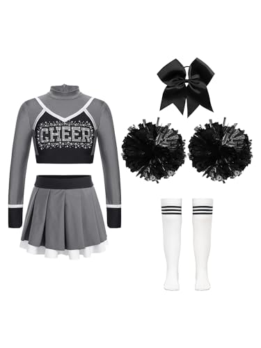 TTAO Mädchen Cheer Leader Kostüm Kinder 4Tlg Cheerleading Uniform Langarm Crop Top und Rock Karneval Fasching Party Verkleidung Grauschwarz 158-164 von TTAO