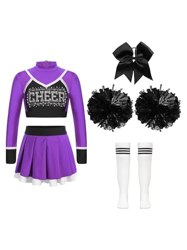 TTAO Mädchen Cheer Leader Kostüm Kinder 4Tlg Cheerleading Uniform Langarm Crop Top und Rock Karneval Fasching Party Verkleidung Lila & Schwarz 110-116 von TTAO