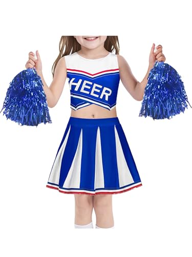 TTAO Mädchen Cheer Leader Kostüm ärmellos Crop Top + Minirok Cheerleadering Uniform Set mit Pompoms Karneval Fasching Party Verkleidung Blau 104-110 von TTAO