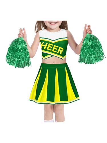 TTAO Mädchen Cheer Leader Kostüm ärmellos Crop Top + Minirok Cheerleadering Uniform Set mit Pompoms Karneval Fasching Party Verkleidung Grün 122-128 von TTAO