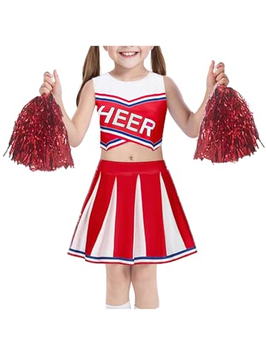 TTAO Mädchen Cheer Leader Kostüm ärmellos Crop Top + Minirok Cheerleadering Uniform Set mit Pompoms Karneval Fasching Party Verkleidung Rot 122-128 von TTAO