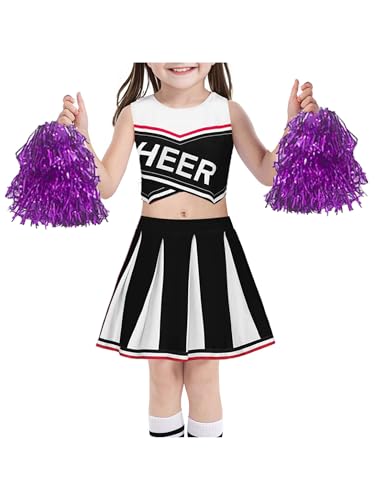 TTAO Mädchen Cheer Leader Kostüm ärmellos Crop Top + Minirok Cheerleadering Uniform Set mit Pompoms Karneval Fasching Party Verkleidung Schwarz 128-134 von TTAO