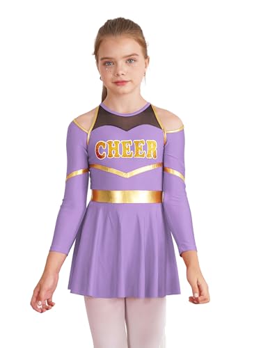 TTAO Mädchen Cheer-leader Kostüm Langarm Schulkind mit/ohne Kostümzubehör Cheerleading uniform für Karneval Halloween Party Weihnachten Geschenk Lavendel 122-128 von TTAO