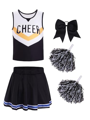 TTAO Mädchen Cheer leader Kostüm mit Pom Poms Harrband Faschingskostüme 2-tlg Cheerleadering Outfit Set Party Halloween Cheers Outfit Schwarz 110-116 von TTAO