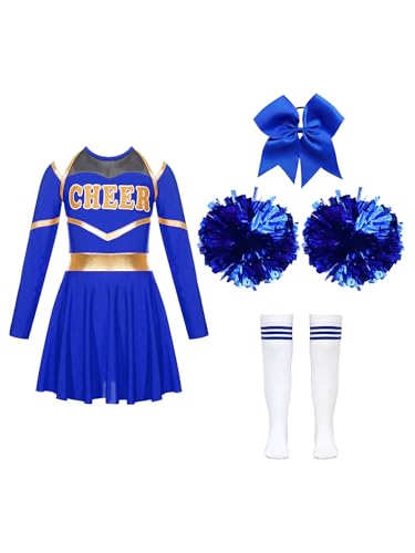 TTAO Mädchen Cheer-leader Tanzoutfits Langarm Schulkind mit Kostümzubehör Cheerleading uniform für Karneval Halloween Party Weihnachten Geschenk Königsblau 158-164 von TTAO