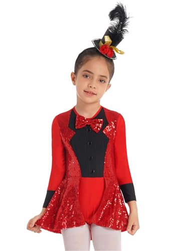 TTAO Mädchen Kinder Zirkus Kostüm mit/ohne Hut Kleid Ärmellos Glitzer Tutu Ballettkleid Kinder Zirkusdirektor Cosplay Fasching Karneval Rot A 98-104 von TTAO