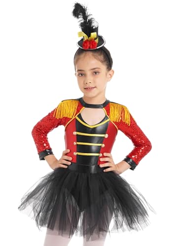 TTAO Mädchen Kinder Zirkus Kostüm mit/ohne Hut Kleid Ärmellos Glitzer Tutu Ballettkleid Kinder Zirkusdirektor Cosplay Fasching Karneval Rot mit hut 164 von TTAO