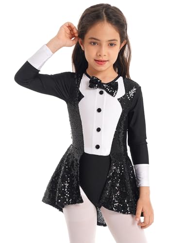 TTAO Mädchen Kinder Zirkus Kostüm mit/ohne Hut Kleid Ärmellos Glitzer Tutu Ballettkleid Kinder Zirkusdirektor Cosplay Fasching Karneval Schwarz A 122-128 von TTAO