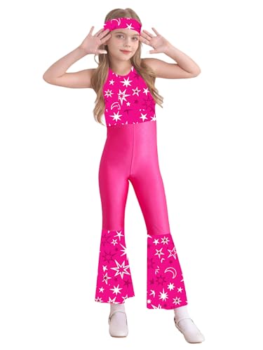 TTAO Mädchen Neckholder Jumpsuit mit Glockenhose Schlaghose Einteiler Digitaldruck Hosenanzug mit Stirnband Disco Tanz Kostüm Hippie Jazz Outfits Hot Pink 134-140 von TTAO