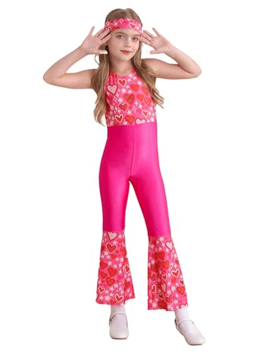 TTAO Mädchen Neckholder Jumpsuit mit Glockenhose Schlaghose Einteiler Digitaldruck Hosenanzug mit Stirnband Disco Tanz Kostüm Hippie Jazz Outfits Rosa 170 von TTAO