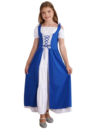 TTAO Mädchen Renaissance Prinzessin Kleid kurzarm Maxikleid Abendkleider Halloween Cosplay Kostüm Mittelalterliches Karneval Fasching Party Kostüm Blau 122-128 von TTAO