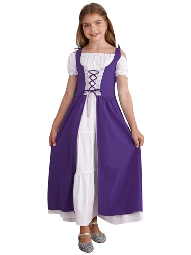 TTAO Mädchen Renaissance Prinzessin Kleid kurzarm Maxikleid Abendkleider Halloween Cosplay Kostüm Mittelalterliches Karneval Fasching Party Kostüm Dunkelviolett 134-140 von TTAO