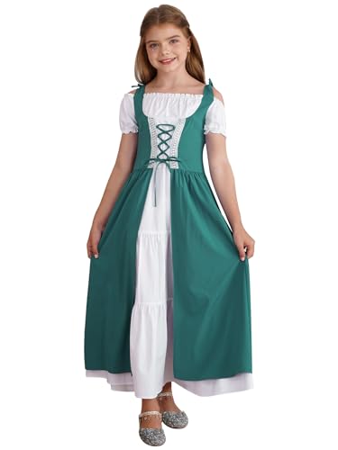 TTAO Mädchen Renaissance Prinzessin Kleid kurzarm Maxikleid Abendkleider Halloween Cosplay Kostüm Mittelalterliches Karneval Fasching Party Kostüm Grün 158-164 von TTAO