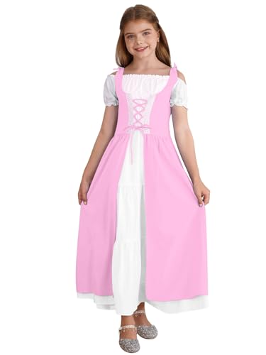 TTAO Mädchen Renaissance Prinzessin Kleid kurzarm Maxikleid Abendkleider Halloween Cosplay Kostüm Mittelalterliches Karneval Fasching Party Kostüm Rosa 110-116 von TTAO