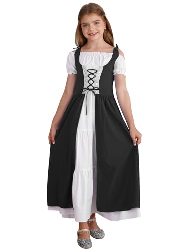 TTAO Mädchen Renaissance Prinzessin Kleid kurzarm Maxikleid Abendkleider Halloween Cosplay Kostüm Mittelalterliches Karneval Fasching Party Kostüm Schwarz 158-164 von TTAO