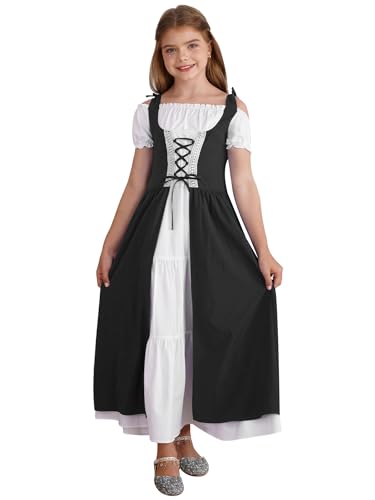 TTAO Mädchen Renaissance Prinzessin Kleid kurzarm Maxikleid Abendkleider Halloween Cosplay Kostüm Mittelalterliches Karneval Fasching Party Kostüm Schwarz 170 von TTAO