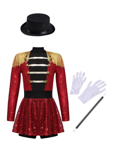 TTAO Mädchen Zirkus Kostüm Outfit Langarm Tanzkleid Tanztrikot mit Zubehör Kinder Halloween Fasching Party Performance Bühnenkostüm Rot 158-164 von TTAO