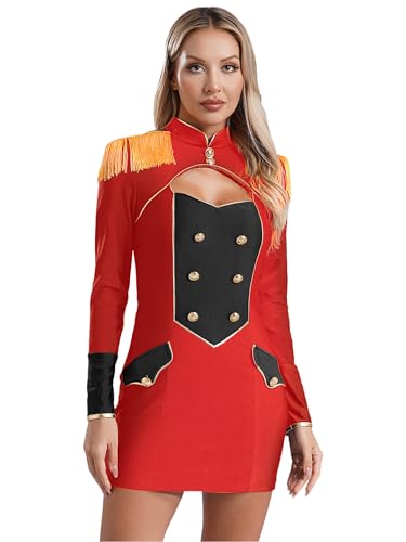 TTAO Zirkus Kostüm Daamen Langarm Tanzkleid Zirkusdirektorin Uniform Halloween Fasching Party Performance Bühnenkostüm Rot 3XL von TTAO