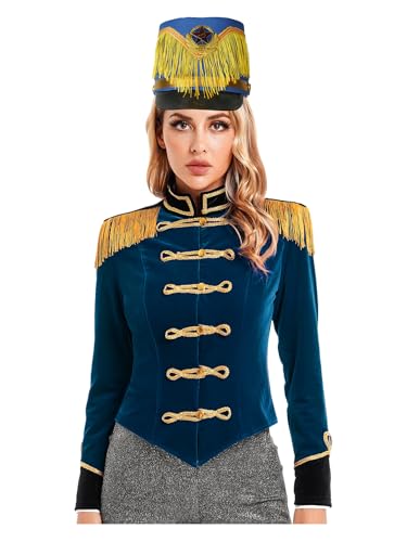 TTAO Zirkus Zirkusdirektor Kostüm Set Damen Langarm Samt Jacke Mantel Blazer +Hut Halloween Karneval Cosplay Kostüm Uniform Dunkelblau B 3XL von TTAO