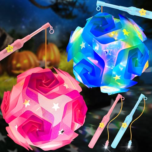 Laternenstab Kinder, 2pcs Laterne Kinder, Tragbare Martinslaterne mit Laternenstab,Laterne St Martin Multicolor Laternen Bastelset,LED Laternenstab Elektrisch für Martinsumzug,Halloween(Blau+Rosa) von TTCOTOKE