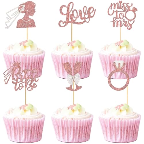 Bride to Be Cupcake Toppers, 24 Stück Hochzeit Bride To Be Tortenstecker, Glitzer Tortendeko, Diamant Ring Herz Cupcake Topper, für Brautparty, Verlobungsfeier, Junggesellenabschied von TTDCQQID