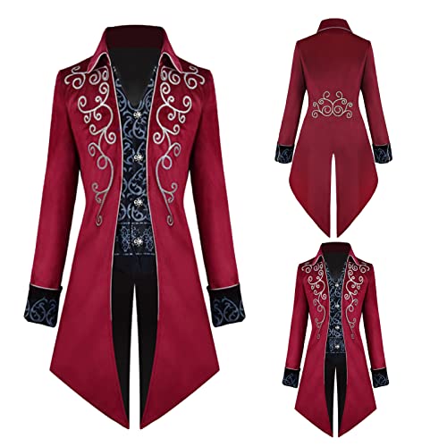 TTOKGZG Herren Mittelalter Steampunk Frack Kostüme Gothic Vintage Court Jacke für Erwachsene (Rot, M) von TTOKGZG