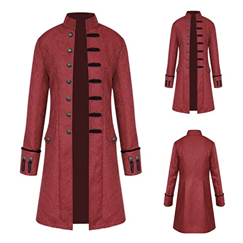 TTOKGZG Herren Steampunk Mantel, Vintage viktorianischen Gothic Frack Renaissance Mittelalter Jacke Halloween Cosplay Kostüm (Rot, L) von TTOKGZG