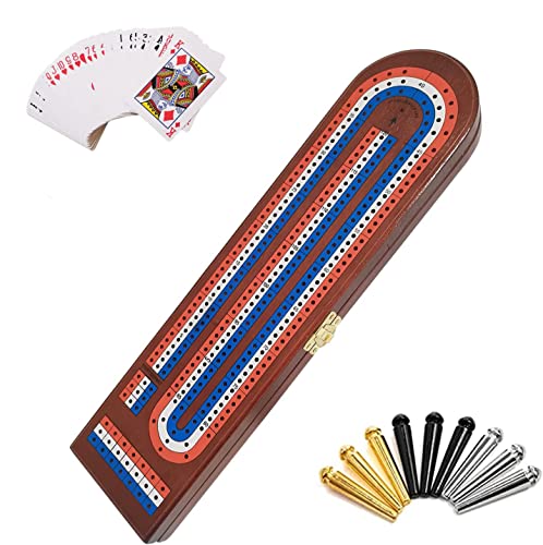 TUAHOO Traditionelles Cribbage aus Holz Brettspiel mit 3 Schienen, 9 Heringe und Spielkarten mit Ablagefläche, Klassisch Tischspiel für Familie Kinder Erwachsene von TUAHOO