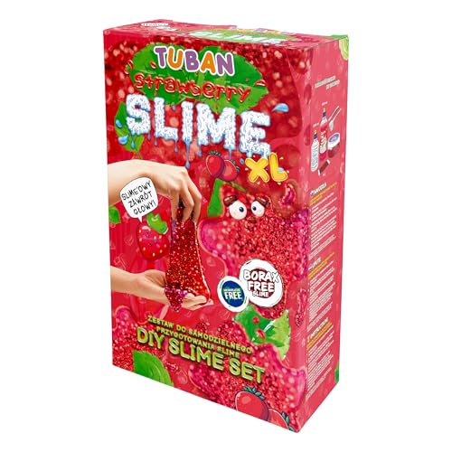 TUBAN DIY Tuban Slime Set – Kleber – Aktivator – Neon-Glitzer – Behälter – Rührstab – Spielzeug für Kinder Erdbeere XL von TUBAN