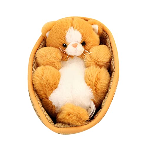TUDUZ Schöne gefüllte realistische Katzen im Korb Puppe Mini gewebte Katze Dekor für Zimmer Hand für Baby Kinder Mädchen Geburtstag Kuschelweich (Yellow, One Size) von TUDUZ