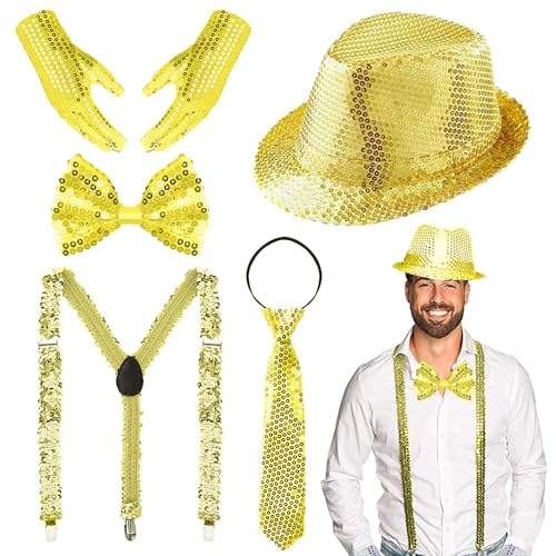 Glitzer Outfit Herren,Glitzer Accessoires Herren,Glitzer Kostüm Herre,mit Pailletten Hosenträger,Pailletten Fliege,krawatte,Handschuhe,Pailletten Kostüm Gold für Fasching Party Dance Performance von TUIBEIDAMAI