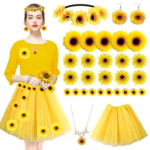 TUIBEIDAMAI Sonnenblumen Kostüm Damen,Blumen Kostüm Damen,Sonne Kostüm Damen,Mit Tüllrock,Sonnenblumen Stirnband Haarschmuck,Sonnenblumen baumeln Ohrring für Karneval Mottoparty Fasching Cosplay von TUIBEIDAMAI