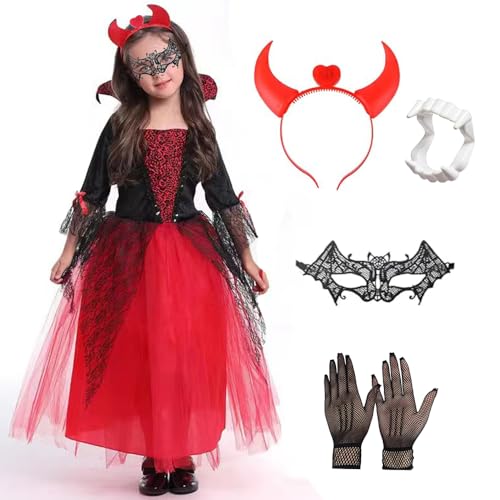 TUIBEIDAMAI Vampir Kostüm Kinder Mädchen,Halloween Kostüm Kleid,Halloween Kostüm Kinder Königin,mit Vampirgebiss, Teufelshörner, Augenmaske,für Karneval Fasching Kostüme Cosplay von TUIBEIDAMAI