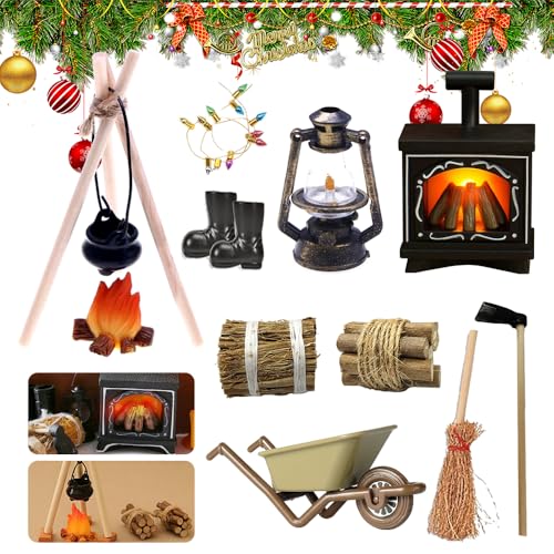 Wichtel Kamin mit Licht,Miniatur Wichtel Zubehör Weihnachten Set,Wichtel Zubehör Feuerstelle,Wichtel Zubehör Kamin,Kerosinlampe,Hacke,Heuhaufen,Brennholz,für Puppenhaus Zubehör von TUIBEIDAMAI