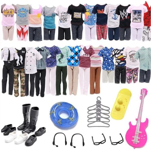 21PCS Kleidung für Jungen Puppen,Kleidung und Zubehör für Ken,5 Sets Mode Freizeitkleidung Kleidung Outfit,4 Paar Schuhe 1 Schwimmrad 1 Gitarre 1 Surfbrett 2 Brillen 2 Kopfhörer,für 30cm Jungen Puppen von TULEBOLIAN