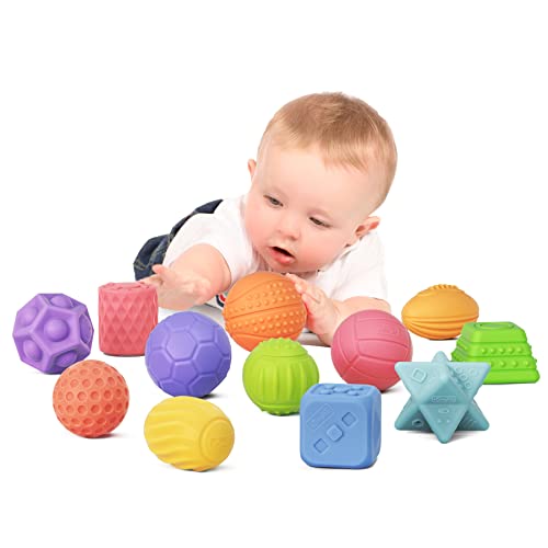 TUMAMA Babyspielzeug 0-6 Monate Sensorische Bälle Blöcke Stapeln,12pcs pädagogisches weiches Quetschspielzeug, Zahnungs Kauspielzeug Baby Badespielzeug Kleinkinder motorische Fähigkeiten 0-3 Jahre von TUMAMA KIDS