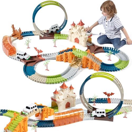 TUMAMA Kinder Rennstrecke Spielzeug, Geschenk für Kinder 3 4 5 6 7 Jahre alt Rennspielzeug, Rennstrecke Spielzeug Fahrzeuge mit Magic House, Tunnel, 2 leuchtende Elektroautos von TUMAMA KIDS