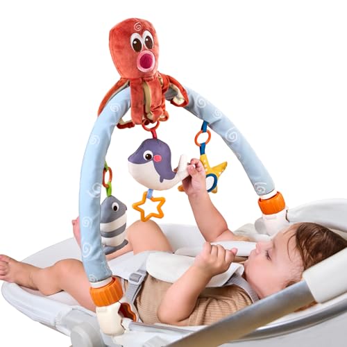 TUMAMA Baby Arch Spielzeug Clip On Kinderbett, Bogen Spielzeug Baby 0 3 6 9 12 Monate, Plüsch Oktopus Spielzeug für Neugeborene,Reise-Spielbogen mit 3 Sensorischen Hängend Weich Spielzeug von TUMAMA