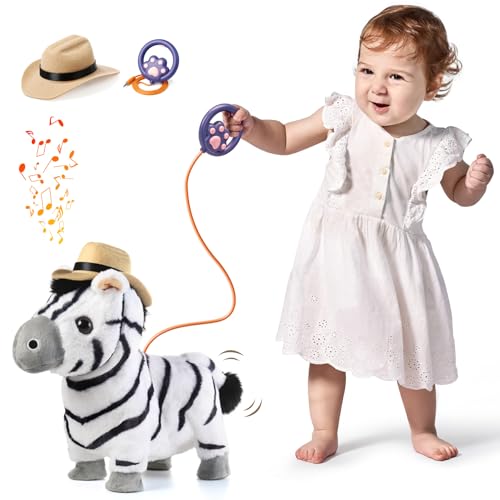 TUMAMA Laufendes Spielzeug Zebra Singender Plüsch Interaktiver Spaziergang Pferd mit Kontrolle Leine, Plüschtier schütteln Gesäß Spielzeug für Jungen & Mädchen Kinder oder Kleinkinder Geschenke von TUMAMA